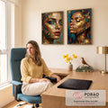 Quadro Decorativo Kit 2 Telas Duas Mulheres para Sala | quadros decorativos | duas mulheres com rosto em folha de ouro, besouro verde e folha dourada sobre o rosto | em ambiente 2 | Porao dos Quadros