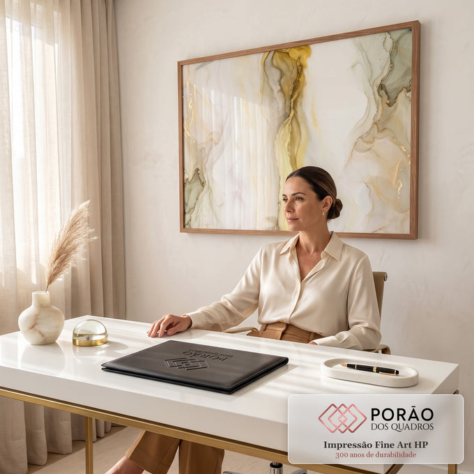 Quadro Decorativo Grande Mármore com Veios para Sala Dourado | quadros decorativos | efeito mármore líquido com veios dourados e cinza sobre fundo branco | em ambiente 2 | Porao dos Quadros