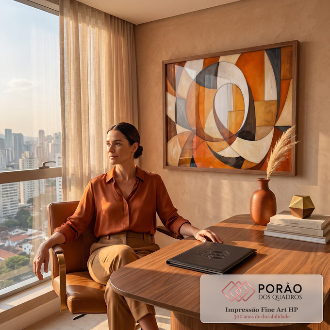 Quadro Decorativo Grande Abstrato Espiral para Sala | quadros decorativos | composição abstrata com círculos e curvas sobrepostos em tons de laranja, marrom e bege | em ambiente 2 | Porao dos Quadros