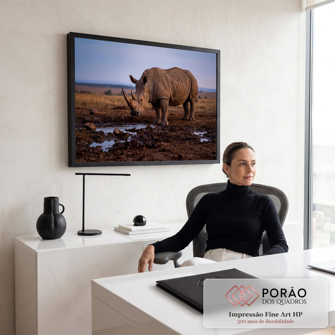 Rinoceronte de chifre longo coberto de lama junto a uma poça na savana africana ao entardecer, quadro decorativo