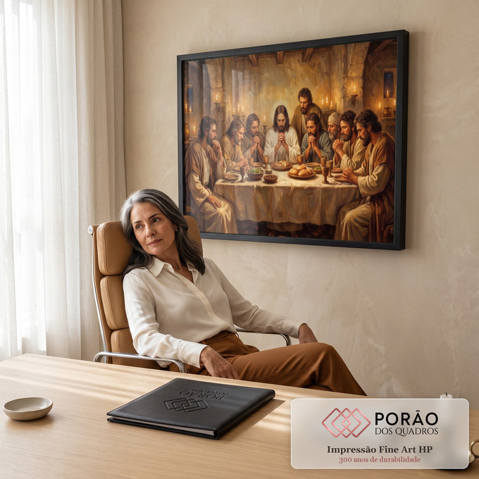 Quadro Decorativo Grande Última Ceia Apóstolos para Sala | quadros decorativos | última ceia com Jesus e nove apóstolos orando à mesa iluminada por velas | em ambiente 2 | Porao dos Quadros