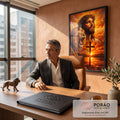 Quadro Decorativo Grande Jesus com Leão para Sala Laranja | quadros decorativos | Jesus com coroa de espinhos ao lado de leão rugindo e cruz ao pôr do sol | em ambiente 2 | Porao dos Quadros