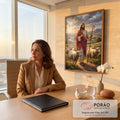 Quadro Decorativo Grande Jesus Bom Pastor para Sala Vermelho | quadros decorativos | Jesus em manto vermelho segurando cajado cercado de ovelhas em paisagem dourada | em ambiente 2 | Porao dos Quadros