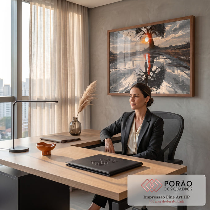 Quadro Decorativo Grande Silhueta Diante do Sol para Sala | quadros decorativos | silhueta de pessoa diante de árvore e sol ao entardecer com reflexo na água | em ambiente 2 | Porao dos Quadros