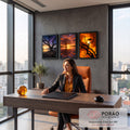 Quadro Decorativo Kit 3 Telas Árvores e Pôr do Sol para Sala | quadros decorativos | três painéis com árvores em silhueta sob céu noturno estrelado e pôr do sol laranja | em ambiente 2 | Porao dos Quadros