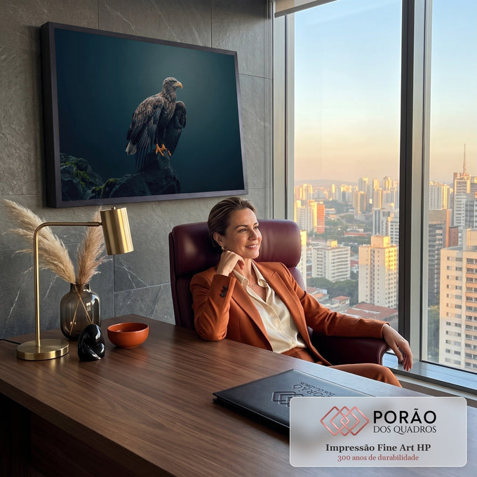 Águia rabalva pousada em rocha com musgo, olhar altivo e fundo azul petróleo escuro, quadro decorativo