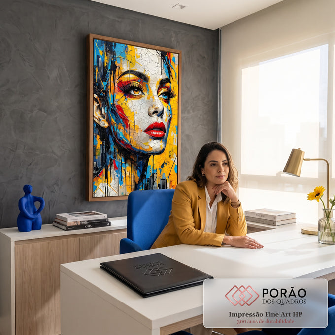 Rosto de mulher em pop art craquelado, lábios vermelhos, tons amarelo e azul e skyline, quadro decorativo
