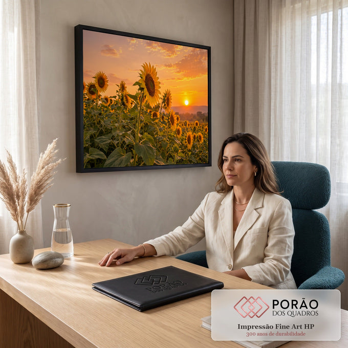 Campo de girassóis em primeiro plano com sol se pondo no horizonte e céu laranja, quadro decorativo