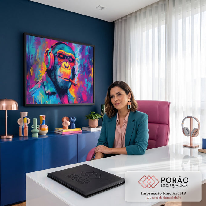 Quadro Decorativo Grande Macaco Hipster para Sala Rosa | quadros decorativos | macaco com óculos escuros, fones coloridos e charuto em estilo pop art neon | em ambiente 2 | Porao dos Quadros