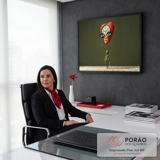 Quadro Decorativo Grande Rosto Surreal para Sala Vermelho | quadros decorativos | cabeça floral em formato de coração com relógio embutido e olhos verdes marcantes | em ambiente 2 | Porao dos Quadros