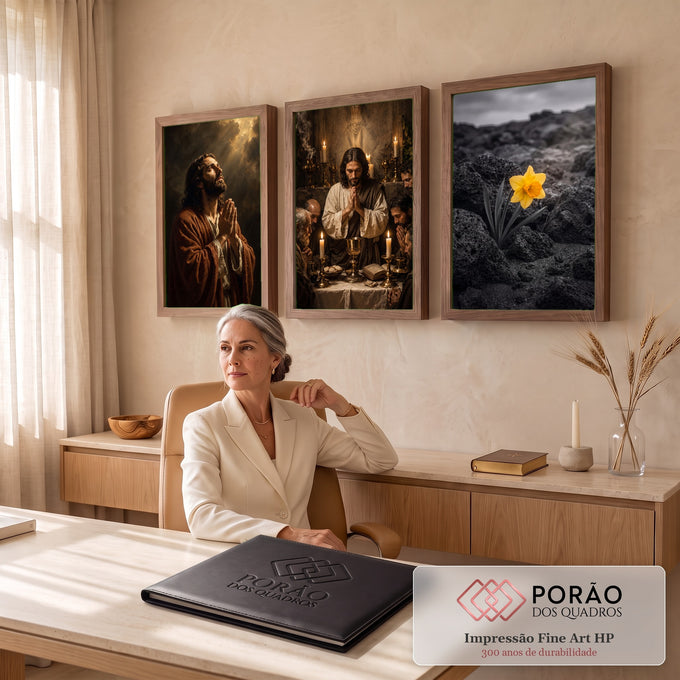 Quadro Decorativo Kit 3 Telas Jesus Cristo para Sala Marrom | quadros decorativos | Jesus Cristo em oração, cena da Última Ceia com apóstolos e flor amarela em paisagem rochosa | em ambiente 2 | Porao dos Quadros