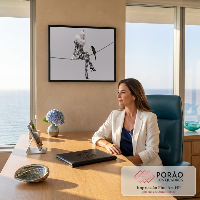 Quadro Decorativo Grande Arlequim Xadrez para Sala Preto | quadros decorativos | arlequim em xadrez preto e branco sentada numa corda ao lado de um pássaro preto | em ambiente 2 | Porao dos Quadros