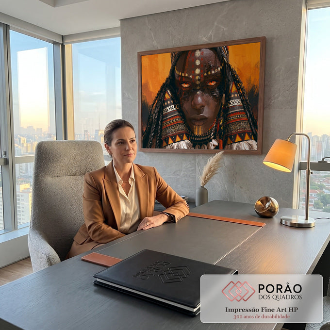 Guerreira africana com pintura facial, tranças e adornos tribais sobre fundo laranja, quadro decorativo