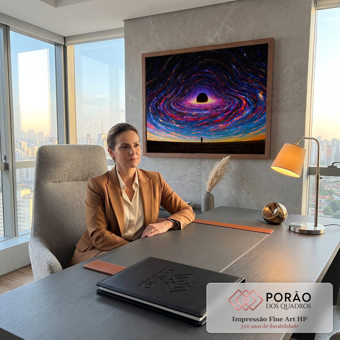 Quadro Decorativo Grande Buraco Negro para Sala Preto | quadros decorativos | buraco negro com espiral de luz colorida e silhueta de pessoa observando | em ambiente 2 | Porao dos Quadros