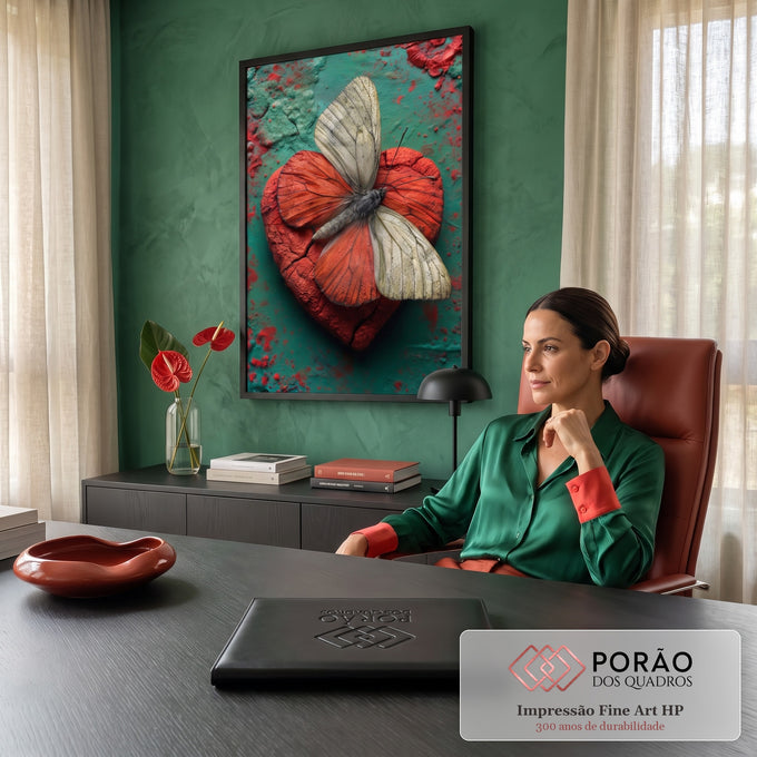 Borboleta de asas bege e vermelhas sobre coração vermelho rachado em fundo verde, quadro decorativo