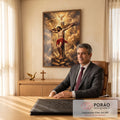 Quadro Decorativo Grande Jesus Crucificado para Sala Dourado | quadros decorativos | Jesus crucificado com coroa de espinhos sob pomba branca iluminada em fundo dourado | em ambiente 2 | Porao dos Quadros