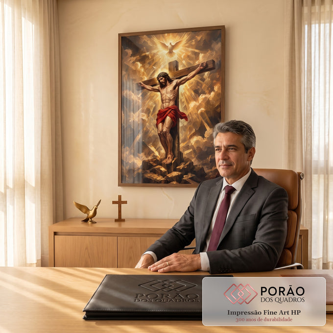Quadro Decorativo Grande Jesus Crucificado para Sala Dourado | quadros decorativos | Jesus crucificado com coroa de espinhos sob pomba branca iluminada em fundo dourado | em ambiente 2 | Porao dos Quadros