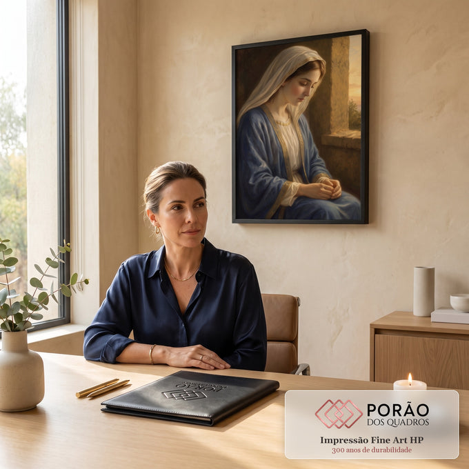 Quadro Decorativo Grande Nossa Senhora Véu Branco para Sala | quadros decorativos para sala | mulher de véu e manto azul em oração diante de janela de pedra ao entardecer | em Quadros para Sala | Porao dos Quadros
