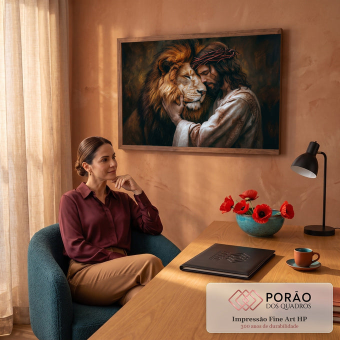Jesus com coroa de espinhos encosta o rosto no leão de juba dourada, pintura marrom, quadro decorativo
