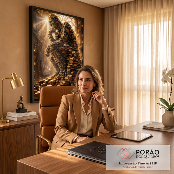 Quadro Decorativo Grande Escultura de Livros para Sala | quadros decorativos | figura pensativa feita de livros empilhados sob luz dourada de vitral em biblioteca | em ambiente 2 | Porao dos Quadros