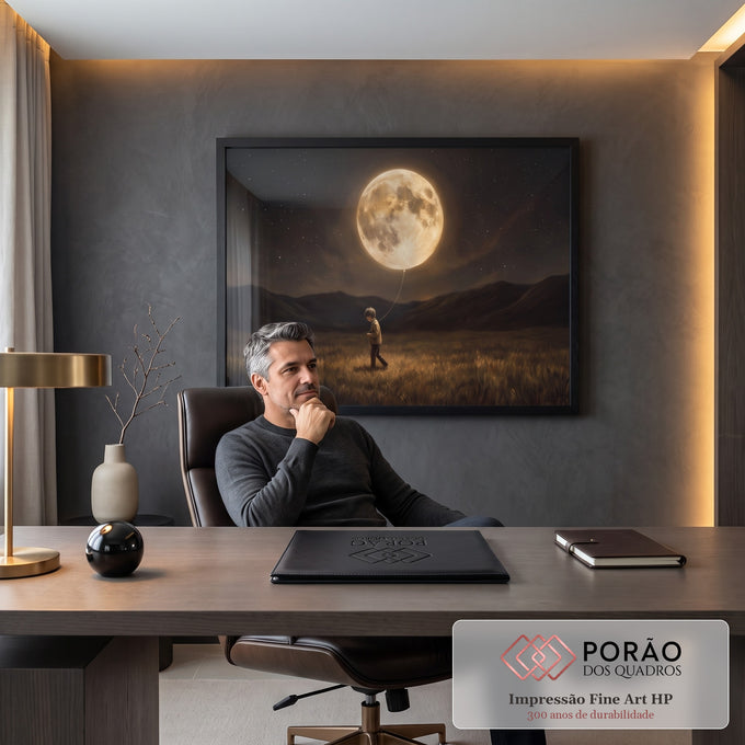 Menino caminhando no campo segurando a lua cheia como balão sob céu estrelado, quadro decorativo