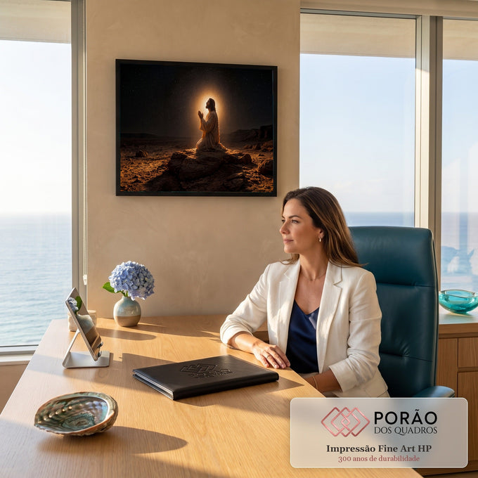 Jesus ajoelhado orando sobre rocha no deserto à noite, céu estrelado e halo dourado, quadro decorativo