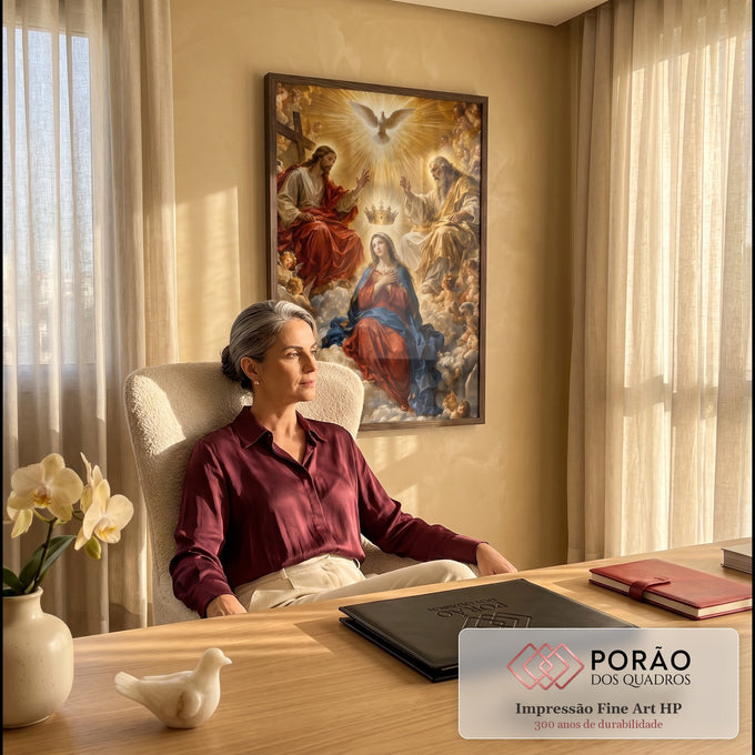 Quadro Decorativo Grande Coroação de Nossa Senhora para Sala | quadros decorativos | coroação de Nossa Senhora por Jesus e Deus Pai com pomba e anjos em luz dourada | em ambiente 2 | Porao dos Quadros