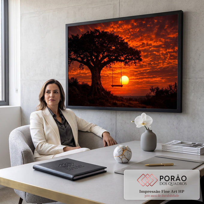 Árvore em silhueta com balanço de madeira diante do sol se pondo em céu laranja intenso, quadro decorativo