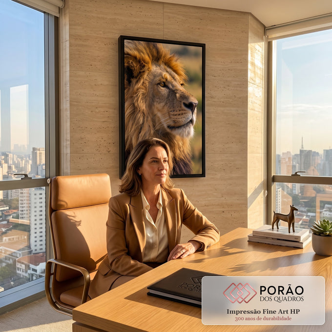 Leão de perfil em close com juba iluminada pela luz do sol na savana africana, quadro decorativo