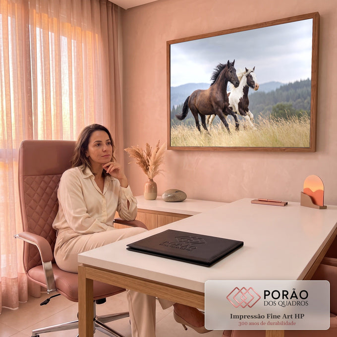 Cavalo castanho e cavalo pampa galopando em campo de grama dourada com montanhas, quadro decorativo