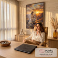 Quadro Decorativo Grande Jesus com Cordeiro para Sala | quadros decorativos | Jesus sentado em rocha com cordeiro branco diante de pôr do sol nas montanhas | em ambiente 2 | Porao dos Quadros