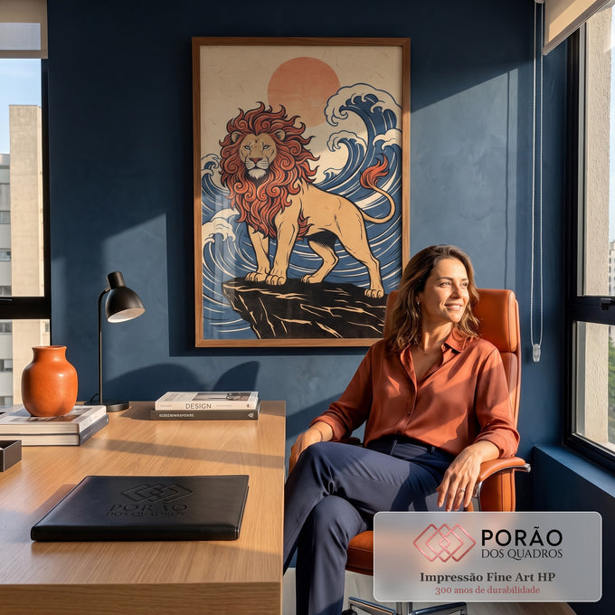 Quadro Decorativo Grande Leão com Juba de Fogo para Sala | quadros decorativos | leão com juba estilizada em chamas laranja sobre rocha, sol e onda japonesa ao fundo | em ambiente 2 | Porao dos Quadros