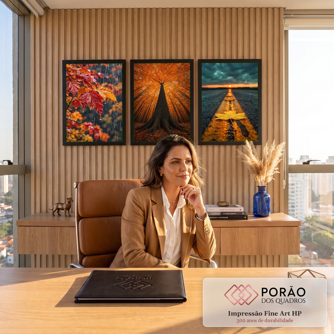 Quadro Decorativo Kit 3 Telas Outono em Folhas para Sala | quadros decorativos | painel de três fotos de outono com folhas na chuva, árvore dourada e estrada ao entardecer | em ambiente 2 | Porao dos Quadros