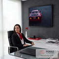 Ferrari F40 vermelha vista de trás com lanternas acesas sobre asfalto escuro ao anoitecer, quadro decorativo