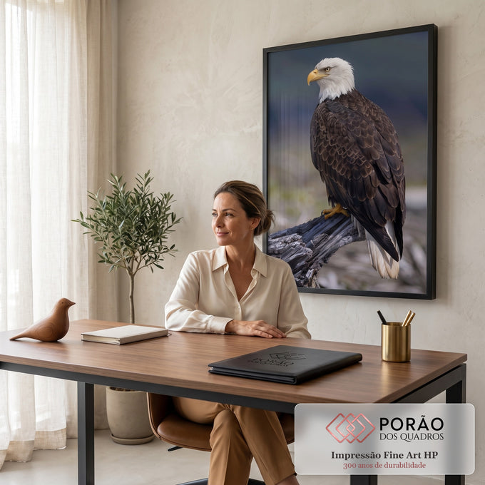 Águia de cabeça branca de perfil pousada em tronco seco com fundo desfocado, quadro decorativo