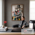 Casal de madeira pintada abraçado, homem de cartola e terno cinza com coração vermelho, quadro decorativo