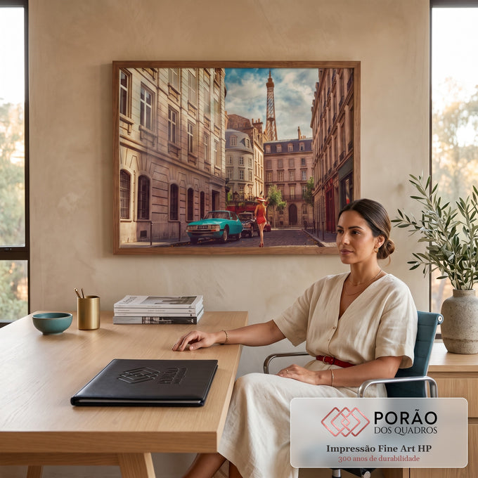 Rua de Paris com prédios clássicos, carro retrô turquesa, mulher de vermelho e Torre Eiffel, quadro decorativo