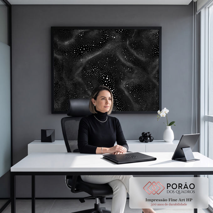 Quadro Decorativo Grande Pontos Brancos para Sala Preto | quadros decorativos | padrão de pontos brancos formando ondas sobre fundo preto em estilo meio-tom | em ambiente 2 | Porao dos Quadros