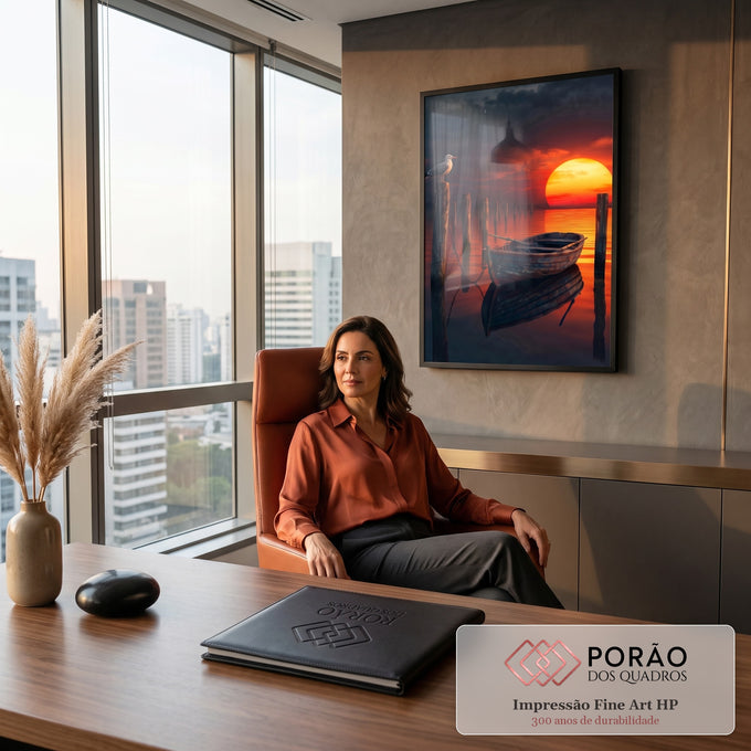 Quadro Decorativo Grande Gaivota e Barco para Sala Laranja | quadros decorativos | pôr do sol alaranjado com gaivota em poste e barco de madeira preso no píer | em ambiente 2 | Porao dos Quadros