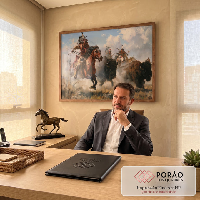 Quadro Decorativo Caçadores Indígenas Perseguindo Bisões | quadros decorativos | guerreiros indígenas a cavalo perseguindo bisões em pradaria com poeira e céu nublado | em Quadros para Escritorio | Porao dos Quadros