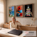 Quadro Decorativo Kit 3 Telas Café Vila Grega para Sala Azul | quadros decorativos | cafeteria grega à beira-mar, xícara azul com papoulas vermelhas e pilha de livros coloridos | em ambiente 2 | Porao dos Quadros