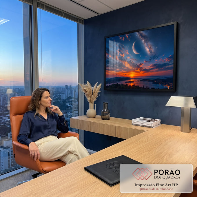 Quadro Decorativo Grande Lua Crescente para Sala Azul | quadros decorativos | lua crescente e Via Láctea sobre mar e montanhas ao pôr do sol | em ambiente 2 | Porao dos Quadros