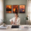 Quadro Decorativo Kit 3 Telas Nossa Senhora Preto para Sala | quadros decorativos | tríptico com Nossa Senhora Aparecida, árvore e pássaros em pôr do sol dourado | em ambiente 2 | Porao dos Quadros