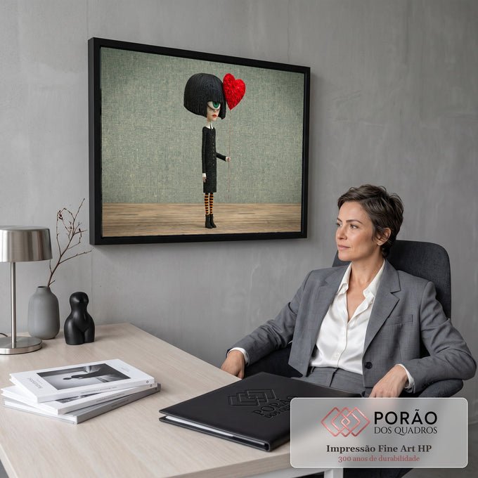 Quadro Decorativo Grande Boneca Gótica para Sala Preto | quadros decorativos | boneca gótica de cabelo preto segurando balão de coração vermelho texturizado | em ambiente 2 | Porao dos Quadros