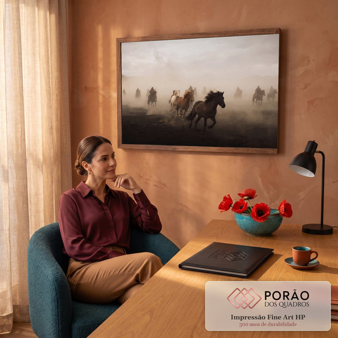 Cavalos galopando em meio à poeira com cavaleiros ao fundo em tons de bege e sépia, quadro decorativo