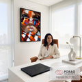Quadro Decorativo Mulher Óculos Espelhado Laranja e Branco em escritorio moderno - quadros decorativos para sala