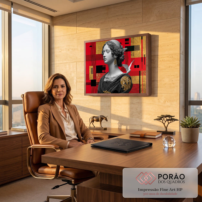 Quadro Decorativo Grande Busto Clássico para Sala Vermelho | quadros decorativos | busto feminino clássico em preto e branco com pomba branca e fundo geométrico vermelho e dourado | em ambiente 2 | Porao dos Quadros