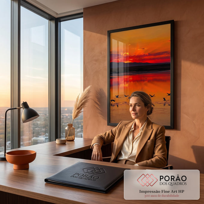 Flamingos em silhueta voando sobre lago refletindo pôr do sol laranja e vermelho, quadro decorativo