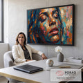 Rosto de mulher de olhos fechados em pintura a óleo com espátula em azul e laranja, quadro decorativo