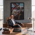 Volante clássico de madeira com raios cromados e emblema Mustang em interior vintage, quadro decorativo